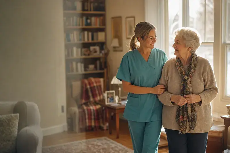 Caregiver and senior sharing a moment in a sunlit living room